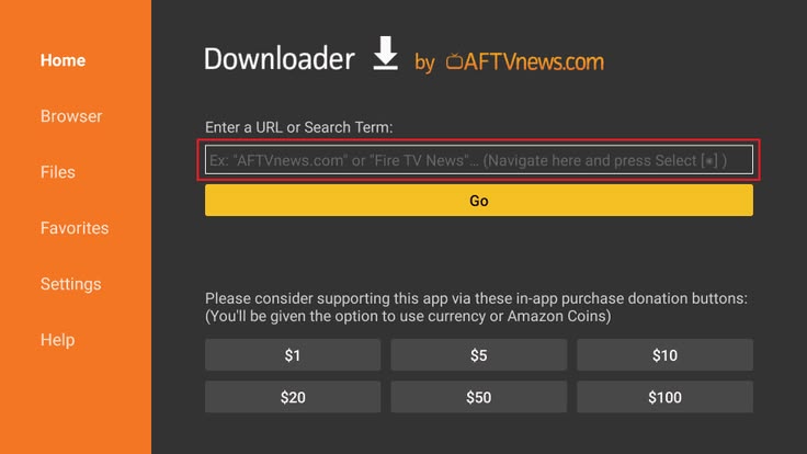 Entering IPTV Smarters download URL in Downloader app